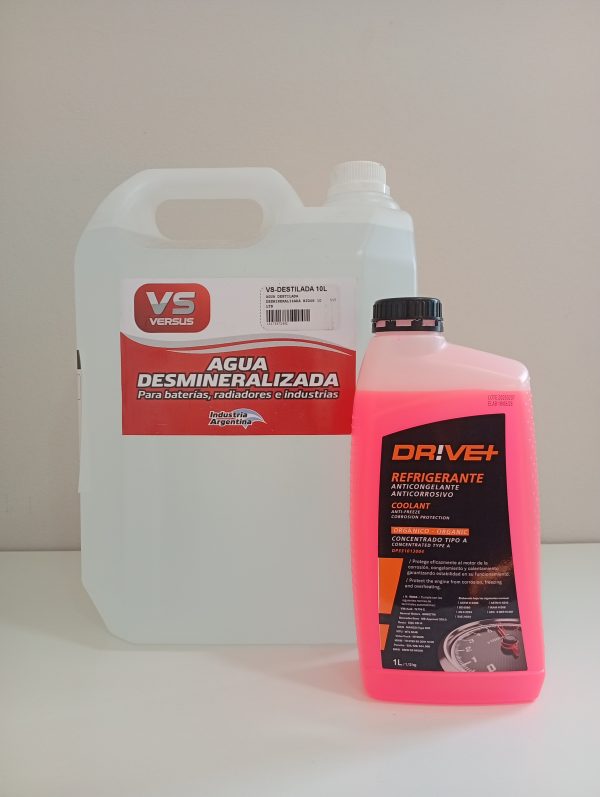 COMBO Agua Desmineralizada ¨VERSUS¨ x 10lts + Líquido Refrigerante Rosado Orgánico "DRIVE+" x 1lt