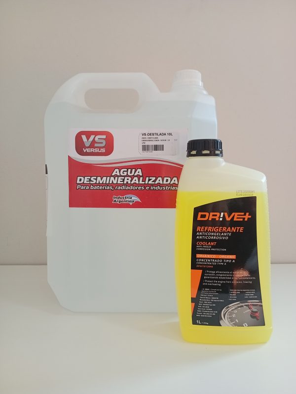 COMBO Agua Desmineralizada ¨VERSUS¨ x 10lts + Líquido Refrigerante Amarillo Orgánico "DRIVE+" x 1lt