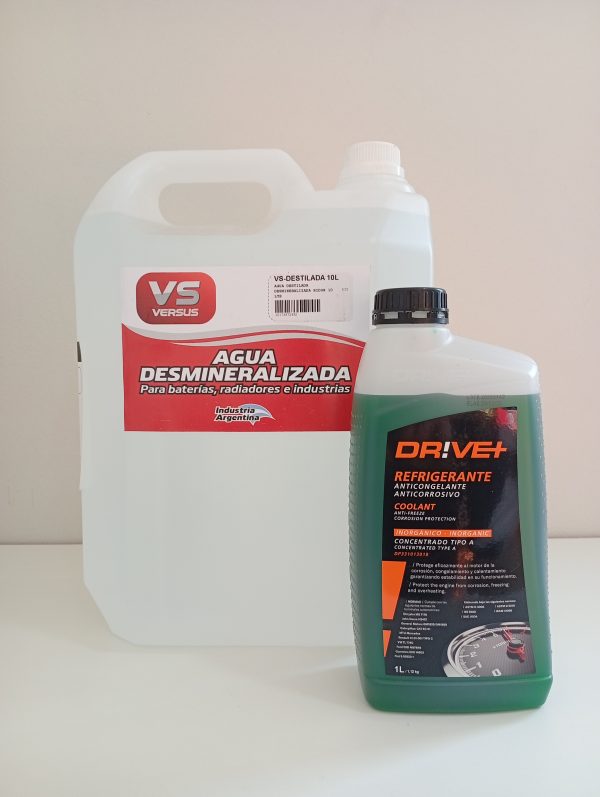 COMBO Agua Desmineralizada ¨VERSUS¨ x 10lts + Líquido Refrigerante Verde Orgánico "DRIVE+" x 1lt